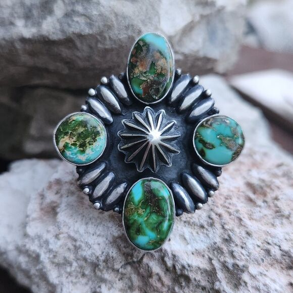 Native American Jewelry - Sonoran Gold Turquoise Concho Ring Navajo Handmade Signed